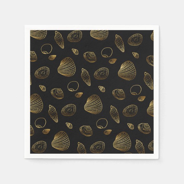 Stylish Black Gold Seashells Pattern Napkin (Front)