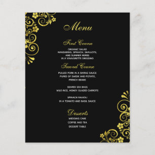 Stylish Black Gold Swirl Wedding Menu