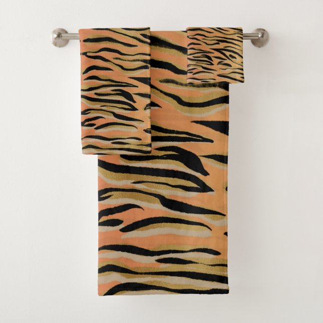 Stylish Black Gold Tiger Animal Print Bath Towel Set (Insitu)