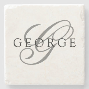 Stylish Black Grey Monogram Initial Script Name Stone Coaster