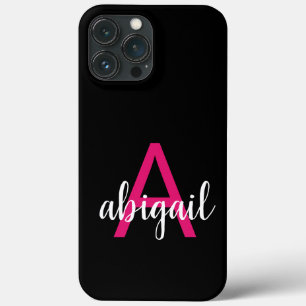 Stylish Black Hot Pink Modern Monogram Name   iPhone 13 Pro Max Case
