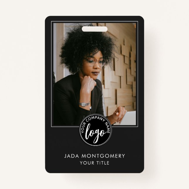 Stylish Black ID Card Modern Minimalist Photo Logo Badge (Front)