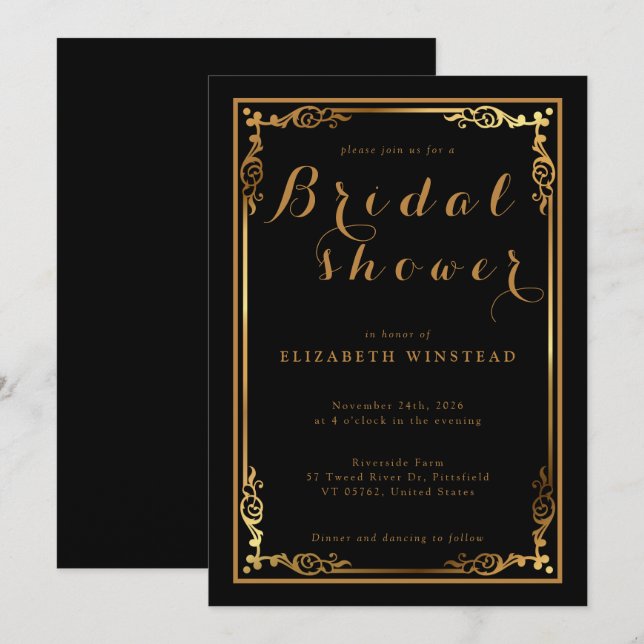 Stylish black invite for a luxe bridal shower (Front/Back)