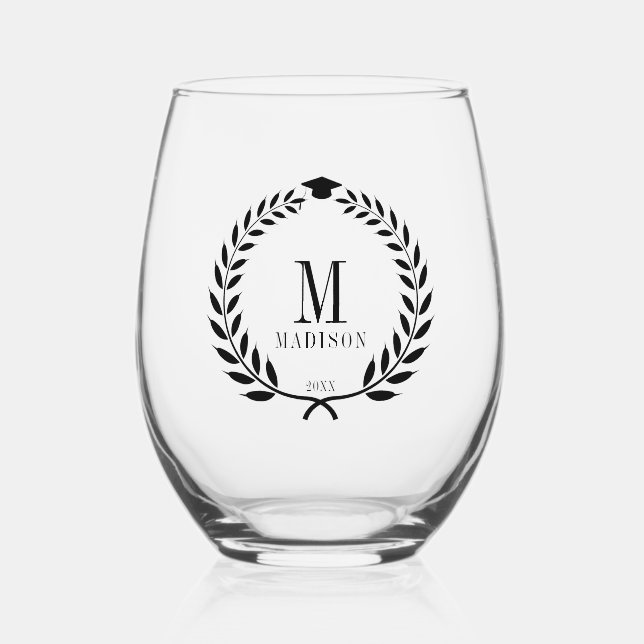 Stylish Black Laurel & Cap Graduation Stemless Wine Glass (Front)
