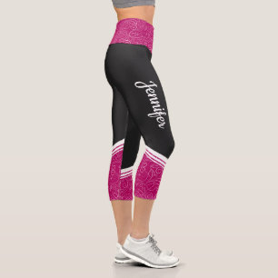 Stylish black magenta floral white stripes & name capri leggings