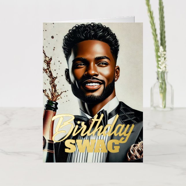 Stylish Black Man Champagne Luxury Birthday Card (Flower)