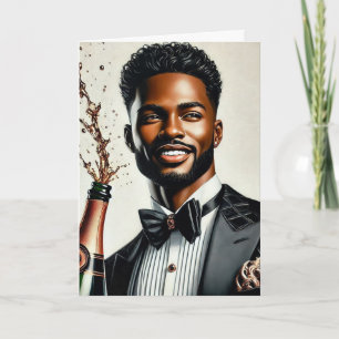 Stylish Black Man Champagne Luxury Birthday Card
