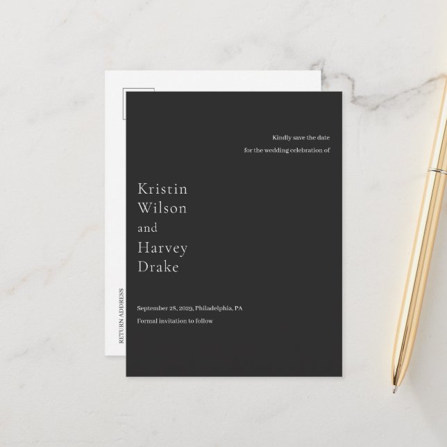 Stylish Black Modern Wedding Save the Date Announcement Postcard (Front/Back In Situ)