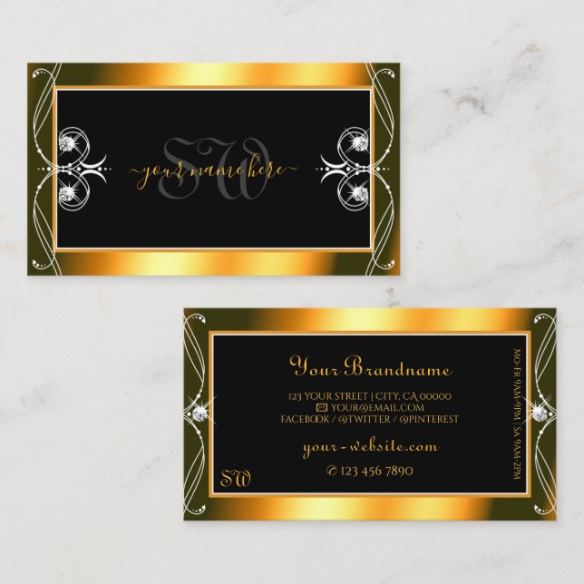 Stylish Black Orange Sparkling Diamonds Monogram Business Card (Front/Back)