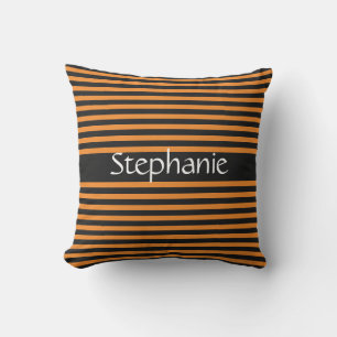 Stylish Black Orange Stripes White Custom Name Outdoor Pillow