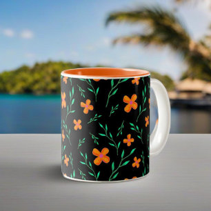 Stylish Black Orange Watercolor Floral Pattern Two-Tone Coffee Mug