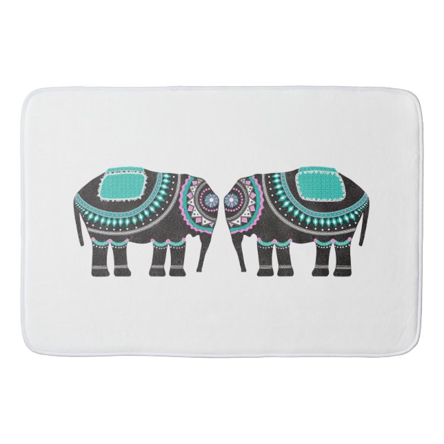 Stylish Black Ornate Elephants Design, Modern Blue Bath Mat (Front)