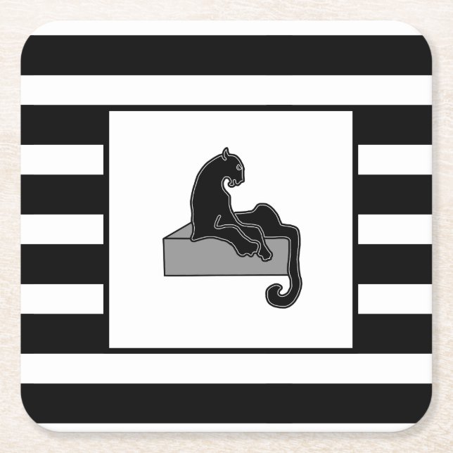 Stylish Black Panther Cat White Modern Square Paper Coaster (Front)