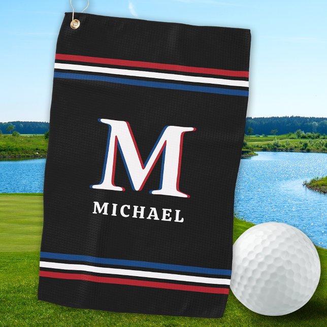 Stylish Black Personalized Monogram Sporty Stripes Golf Towel (Creator Uploaded)