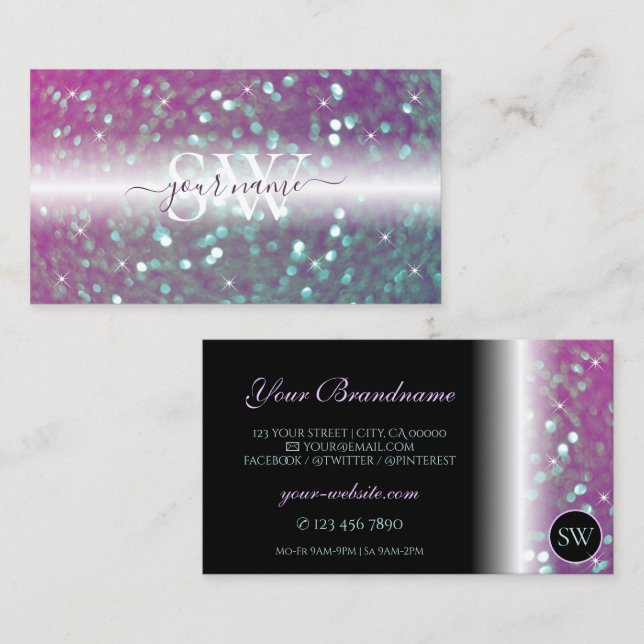 Stylish Black Pink Teal Sparkling Glitter Initials Business Card (Front/Back)