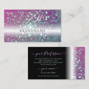Stylish Black Pink Teal Sparkling Glitter Monogram Business Card