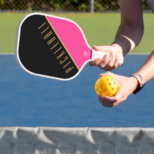Stylish Black Pink Upward Slant Pickleball Text Paddle
