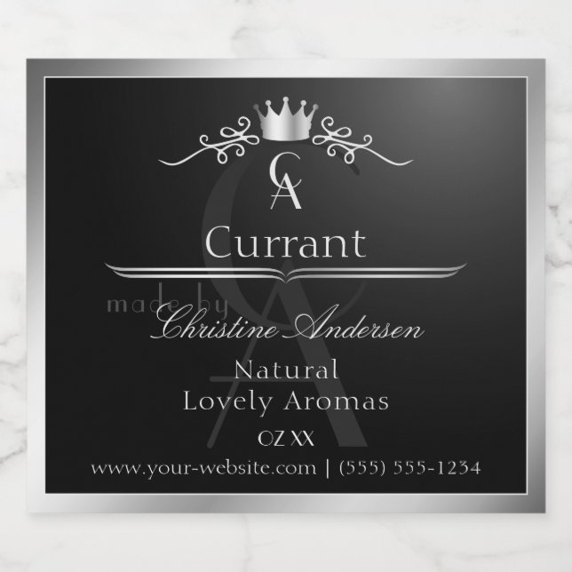 Stylish Black Product Label Silver Frame Monogram (Single Label)