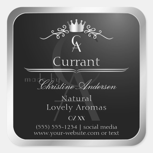 Stylish Black Product Label Silver Frame Monogram (Front)