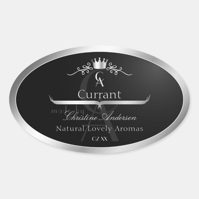 Stylish Black Product Label Silver Frame Monogram (Front)