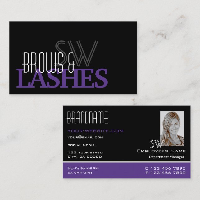 Stylish Black Purple Monogram and Photo Simple Business Card (Front/Back)