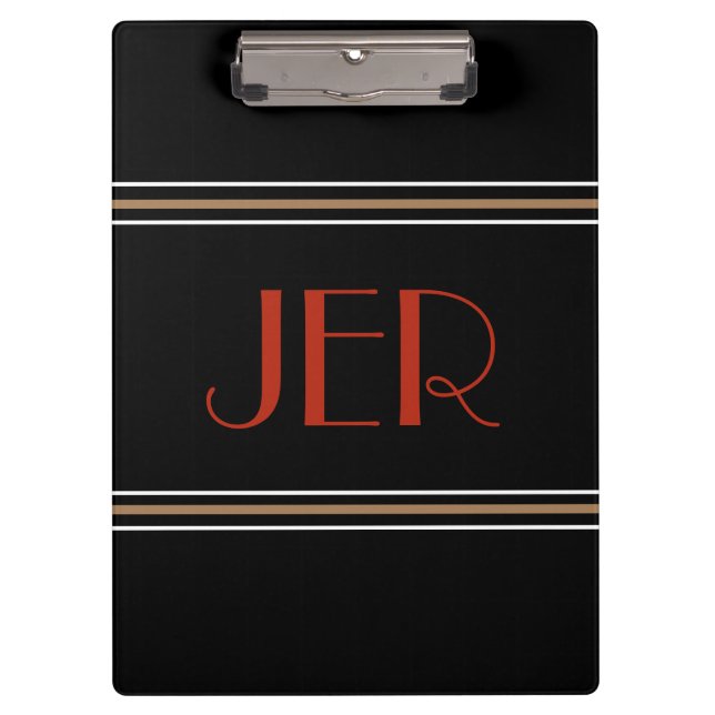 Stylish Black Red Designer Monogrammed  Initials Clipboard (Front)
