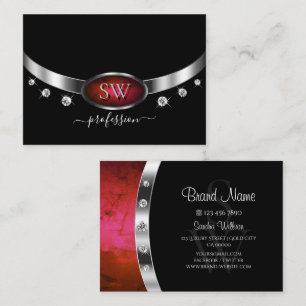 Stylish Black Red Marble and Silver with Monogram Business Card