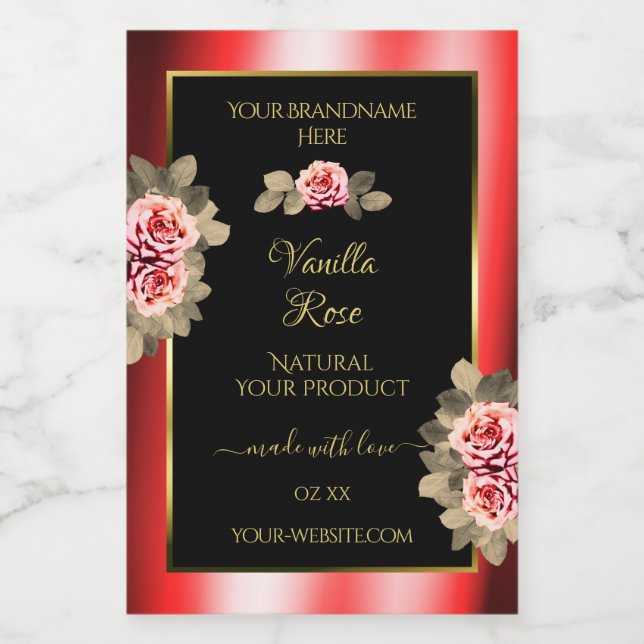 Stylish Black Red Product Labels Floral Cute Roses (Single Label)