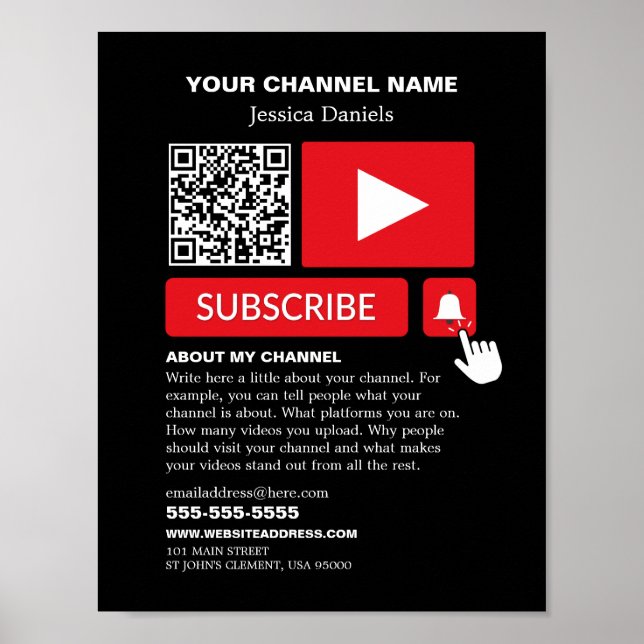Stylish Black & Red - QR Code, Youtube - Vlogger Poster (Front)