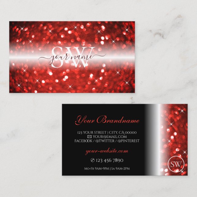 Stylish Black Red Sparkle Glitter Initials Modern Business Card (Front/Back)