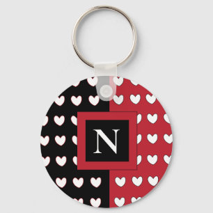 Stylish Black Red White Hearts Monogram Keychain