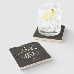 Stylish Black Retro Typography Best Man Groomsmen Stone Coaster