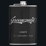 Stylish Black Retro Typography Groomsmen Wedding Hip Flask<br><div class="desc">This personalized flask makes a stylish vintage inspired groomsmen gift. Funky retro inspired font in white on black background and your name and date of choice! Want more wedding items in this style? Drop me a message!</div>