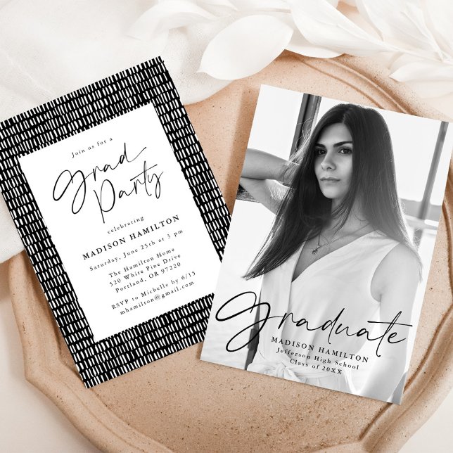 Stylish Black Script Photo Graduation Party Invitation (Creator Uploaded)