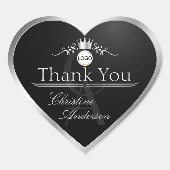 Stylish Black Silver Frame Logo Monogram Thank You Heart Sticker (Front)