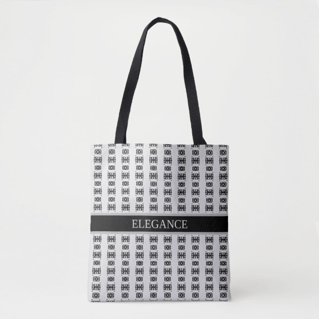 Stylish black star pattern & stripes on light grey tote bag (Front)