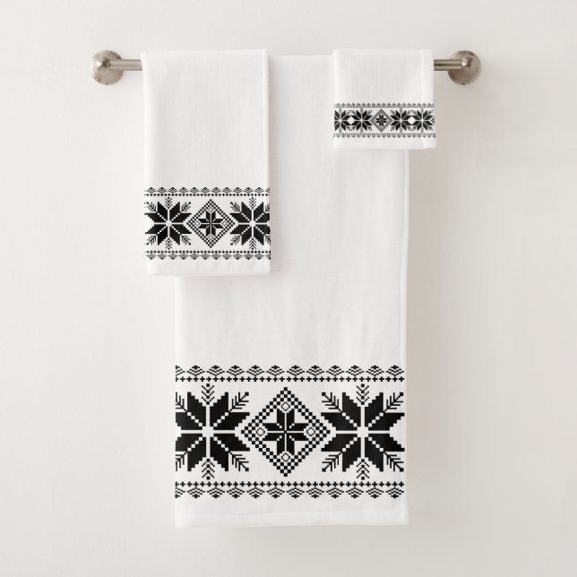 Stylish Black Star Vector Frame on White Bath Towel Set (Insitu)