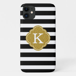 Stylish Black Stripes Gold Monogram iPhone 11 Case