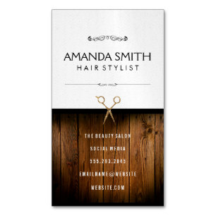 Stylish Black Subtle Wavy Wood Salon Scissors Magnetic Business Card