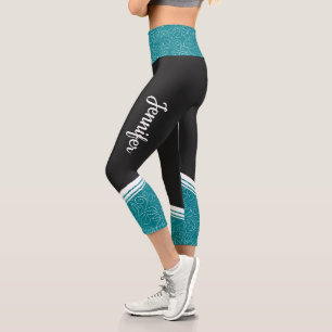 Stylish black teal blue floral white stripe & name capri leggings