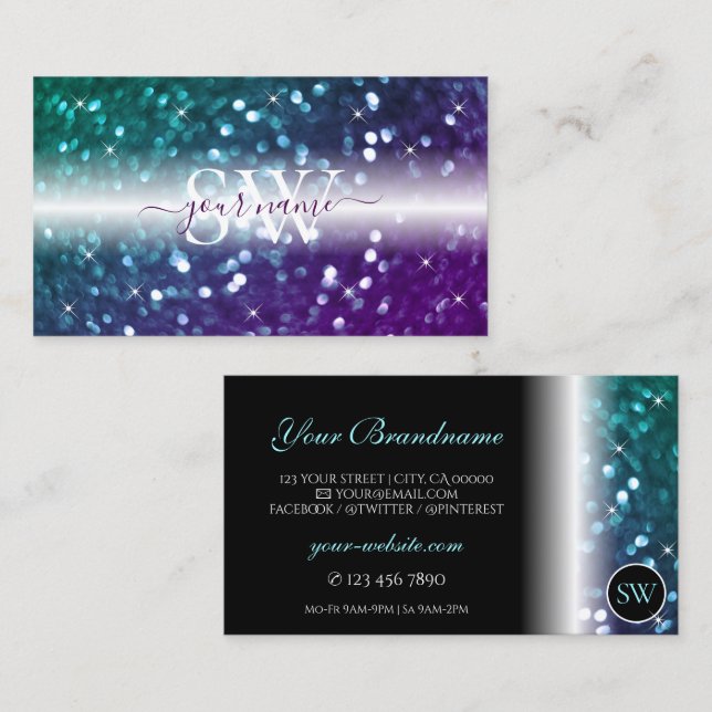 Stylish Black Teal Purple Sparkle Glitter Monogram Business Card (Front/Back)