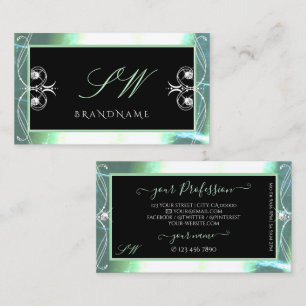 Stylish Black Teal Sparkle Jewels Initials Ornate Business Card