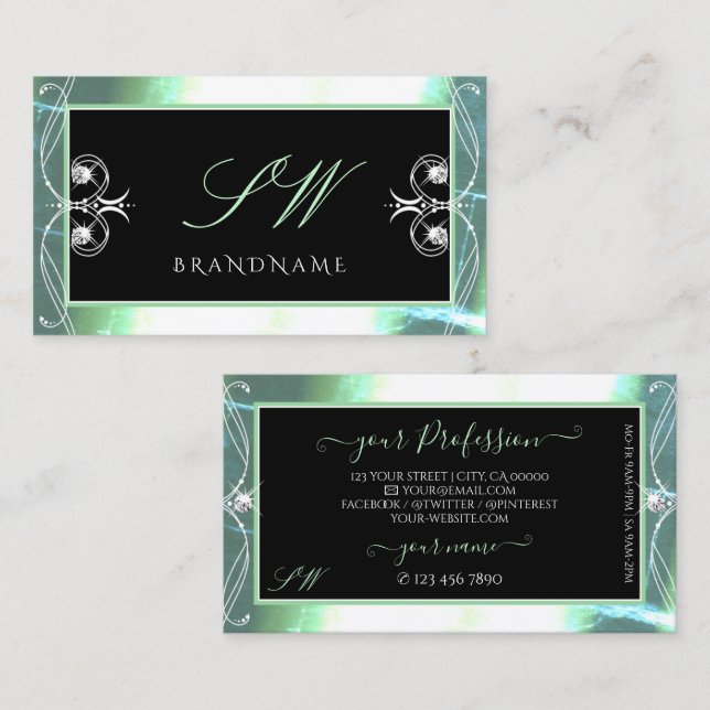 Stylish Black Teal Sparkle Jewels Initials Ornate Business Card (Front/Back)