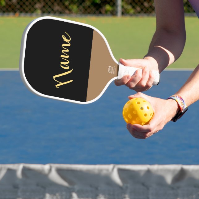 Stylish Black Three Quarter Mocha Accent Your Text Pickleball Paddle (Insitu)