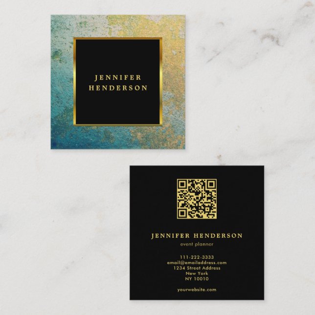 Stylish black turquiose gold QR code professional Square Business Card (Front/Back)