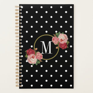 Stylish Black Vintage Blush Flowers Dots Monogram Planner