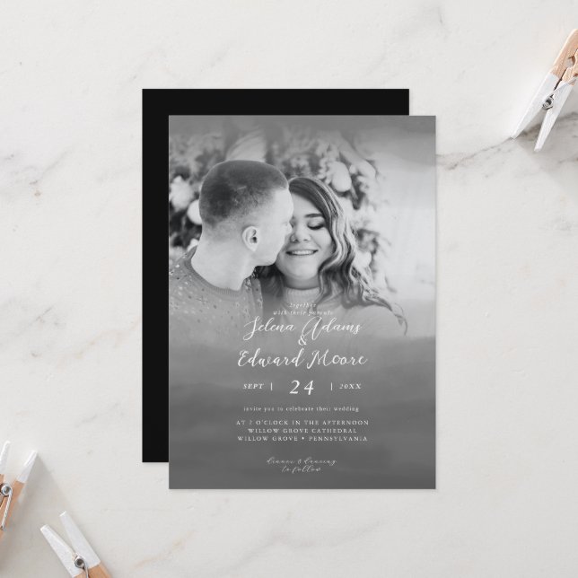 Stylish Black Watercolor Overlay Photo Wedding Invitation (Front/Back In Situ)