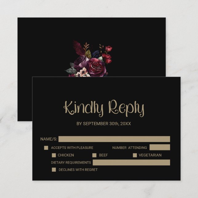 Stylish Black Wedding RSVP Card (Front/Back)