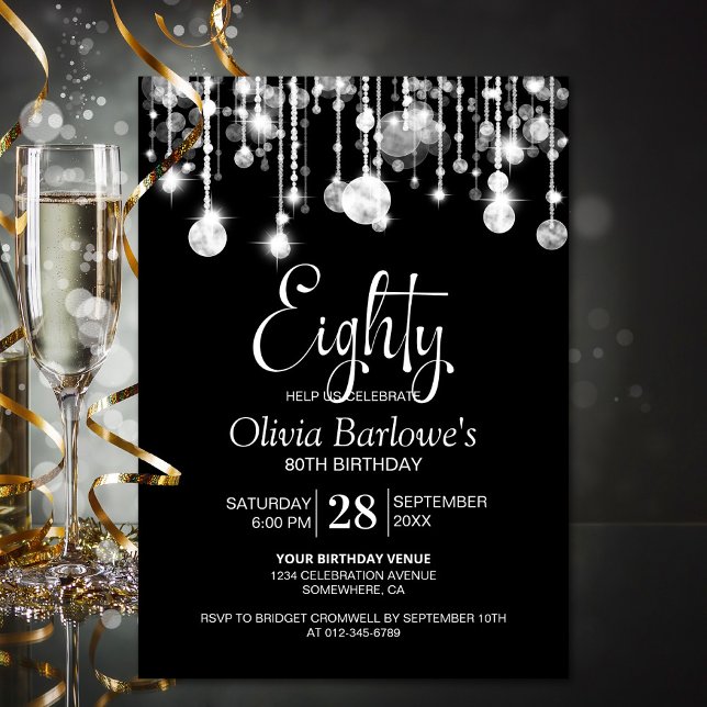 Stylish Black White 80th Birthday Party Invitation (Creator Uploaded)