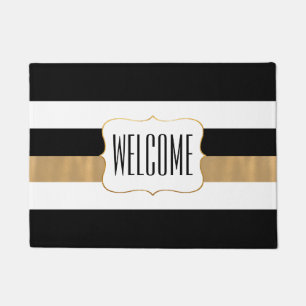 Stylish Black White and Gold Striped Door Mat